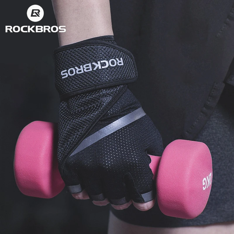 

ROCKBROS Gym Training Gloves Elastic Mesh Fabric Men's Ladies Bicycle Cycling Workout Fingerless Gloves PU Sports Mitten Summer