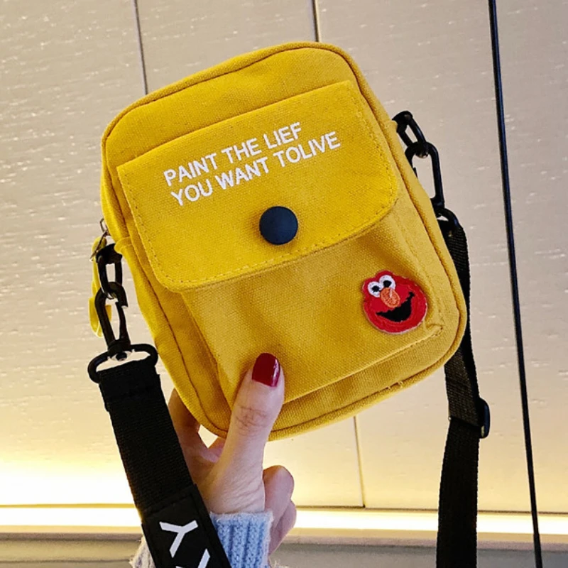 

Korean Women's Shoulder Bag Cartoon Embroidery Canvas Mobile Phone Bag Alphabet Printing Ladies Messenger Bag