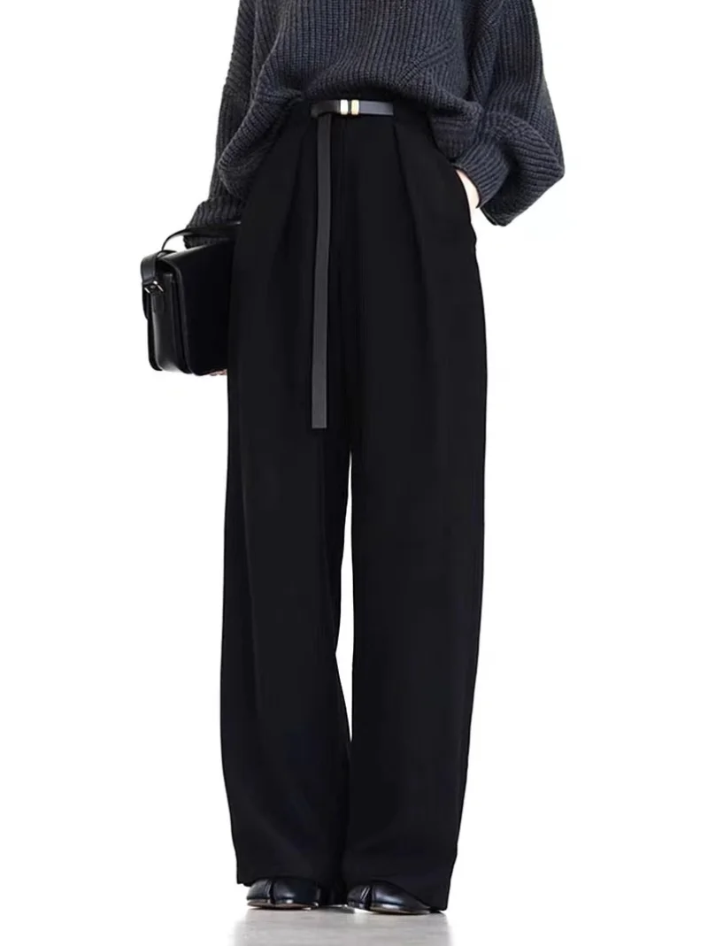 2022 Early Autumn New Minimalist Design  Linen Belt High Waist Pleated Loose Wide Leg Trousers Women Pants