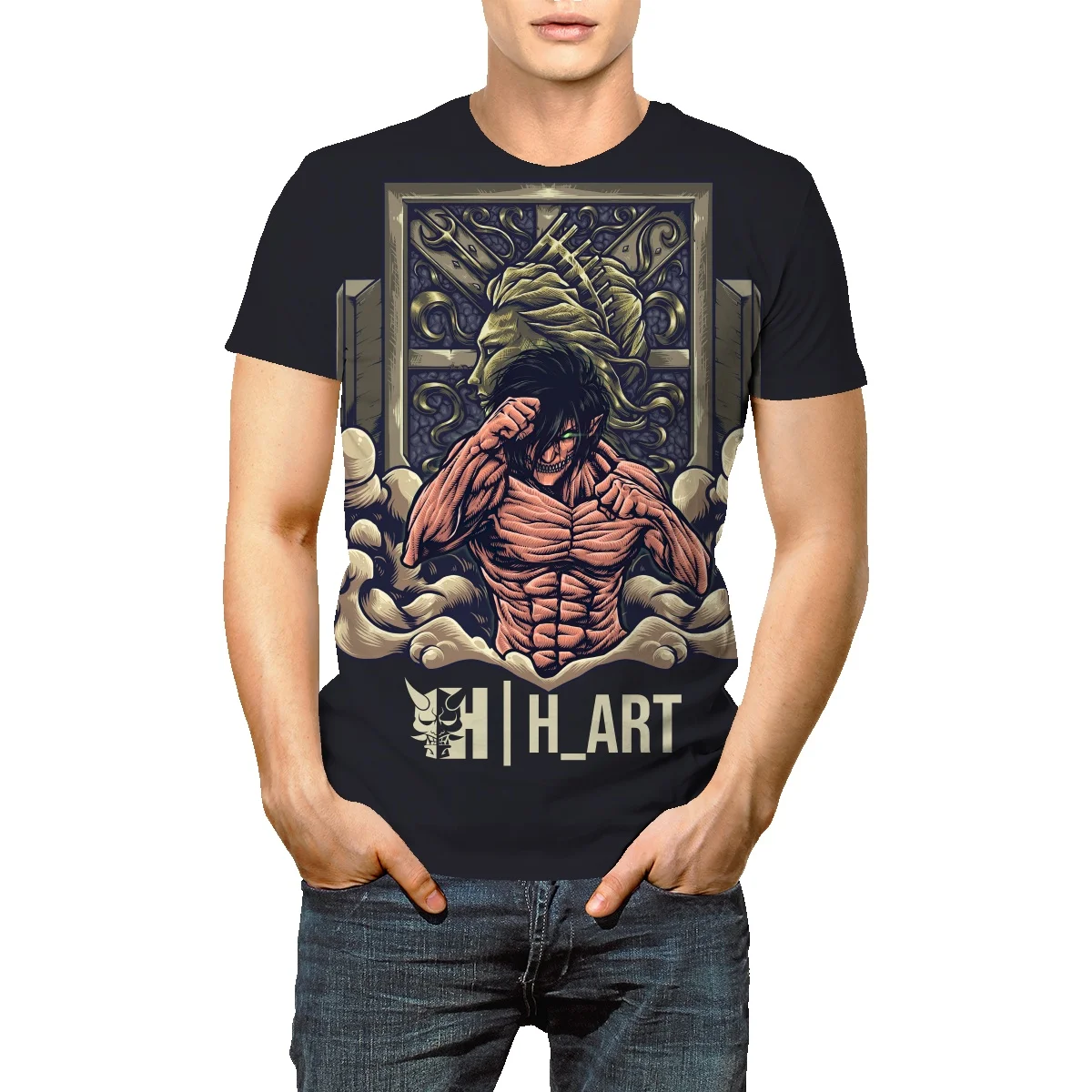 

Футболка мужская хлопковая с круглым вырезом, топ свободного покроя с принтом аниме «атака на Титанов», рубашка уличная большого размера, л...