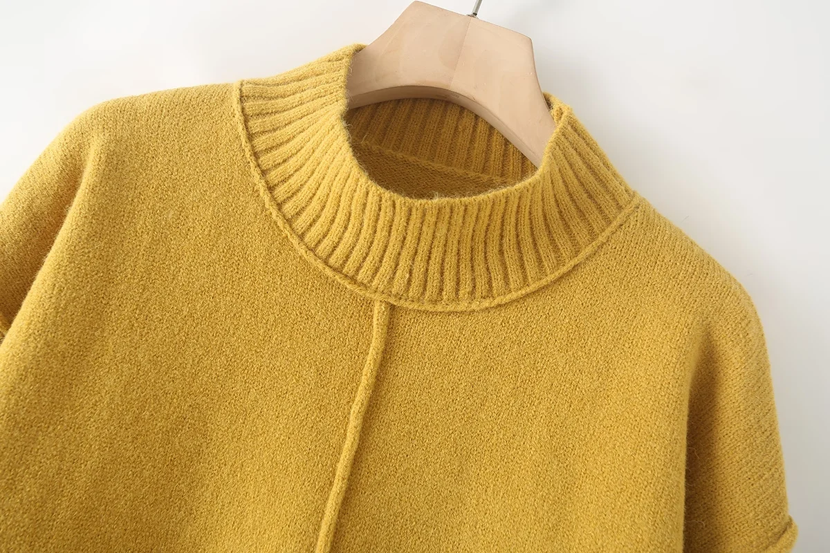 TRAFZA 2024 Chic однотонный желтый женский свитер с круглым вырезом и разрезом