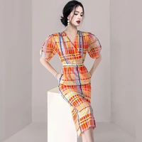 2022 womens summer new korean high end temperament v neck lantern sleeve fashion retro lattice slim fit fashion belt dress