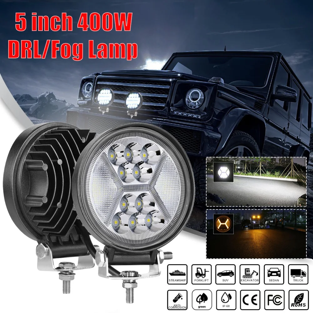 

2x 5"inch 400W Round LED Work Driving Lights Spot Flood Amber DRL 6000K Fog Lamp