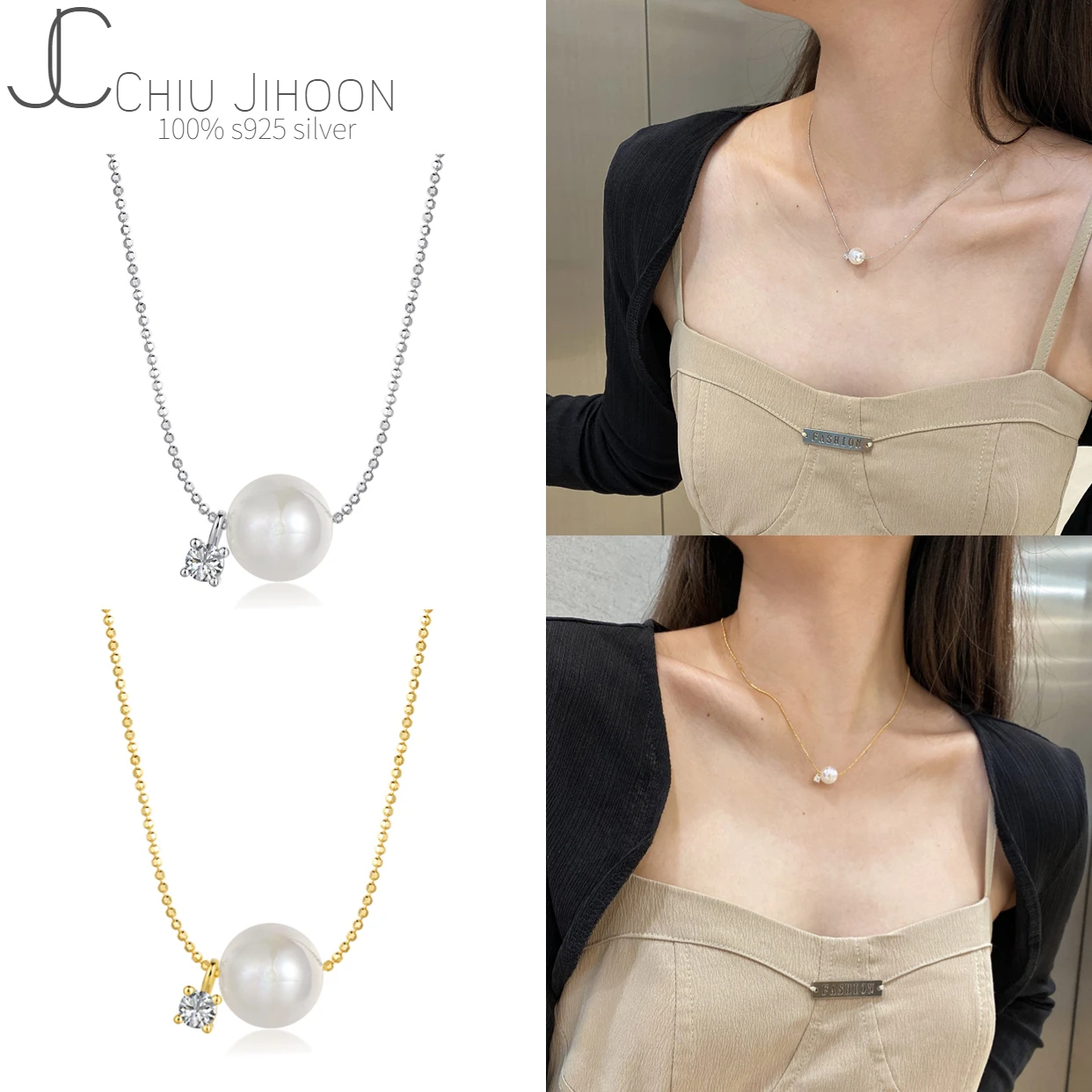 

S925 Sterling Silver Clavicle Pearl Necklace Pendant Square Zircon Women Necklace 18K Gold Plated Gift Party Jewelry