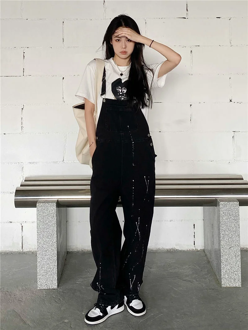 

Джинсовый комбинезон женский на лямках, Свободный Повседневный Комбинезон из денима с принтом «брызги», лето