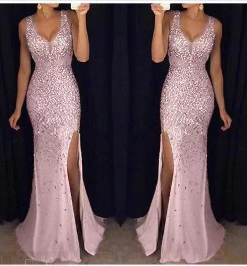 Sexy Slit Gold Evening Dresses 2022 Autumn and Winter Fashion Sequins Lace Dubai Saudi Arabic Prom Powers Sleep Party Dress