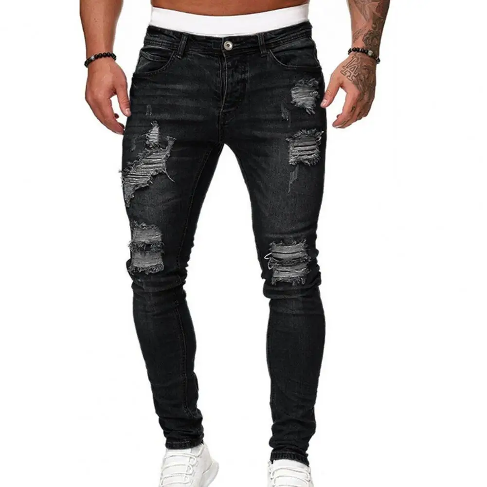 

Men Jeans Solid Color Ripped Hole Slim Fit Spring Pants for Daily Wear