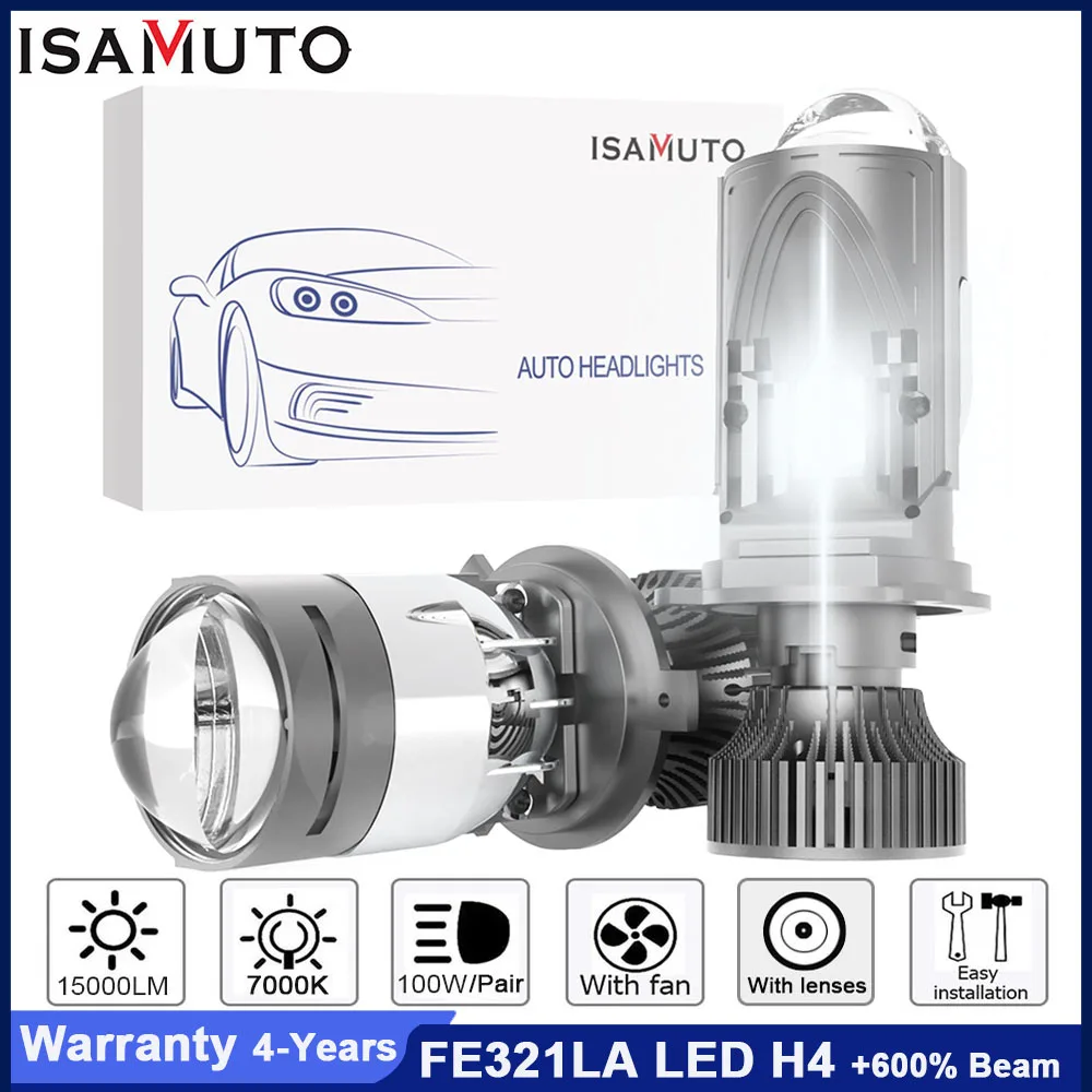 

ISAMUTO FE321LA LED H4 9003 HB2 P43t Фара с мини-объективом 9-60 В 100 Вт 7000 К 15000 лм Белая автомобильная лампа + 600% луч с вентилятором (пара)