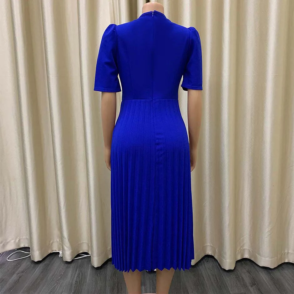 Blue Pleated Dress For African Ladies Solid High Waist Mid Calf Elegant Work Business Office Wear Dresses Midi 2022 Autumn New