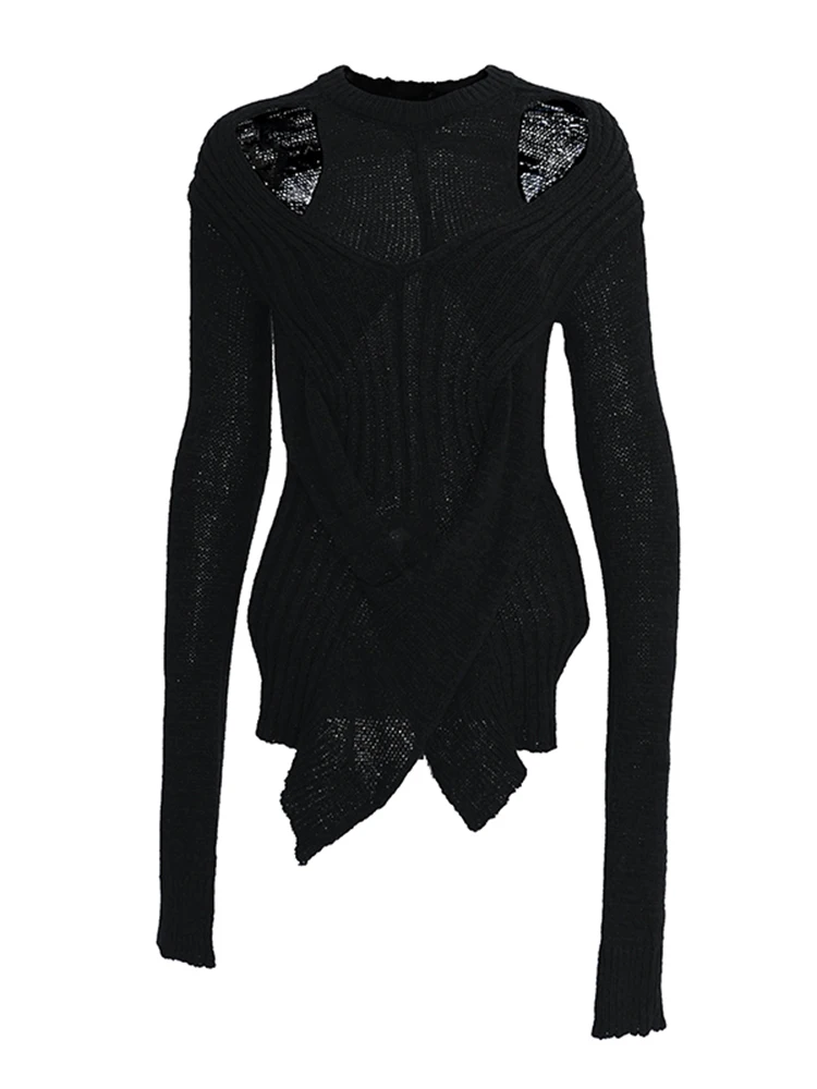 DEAT 2022 New Spring Solid Color Round Collar Hollow Out Pullover Sweater Women Vintage Slim Temperament Split Knit Tops PD714 | Женская