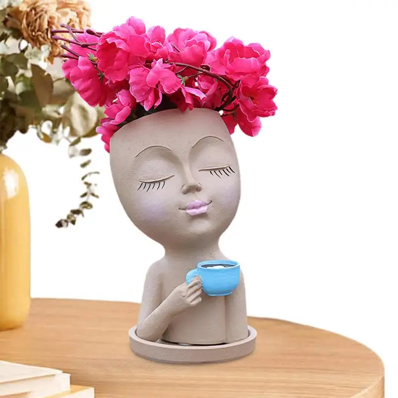 

Cute Head Planter Plant Pot Drinking Coffee Resin Flower Planter With Closed Eyes And Drainage Hole Fireplace Succulent Plant