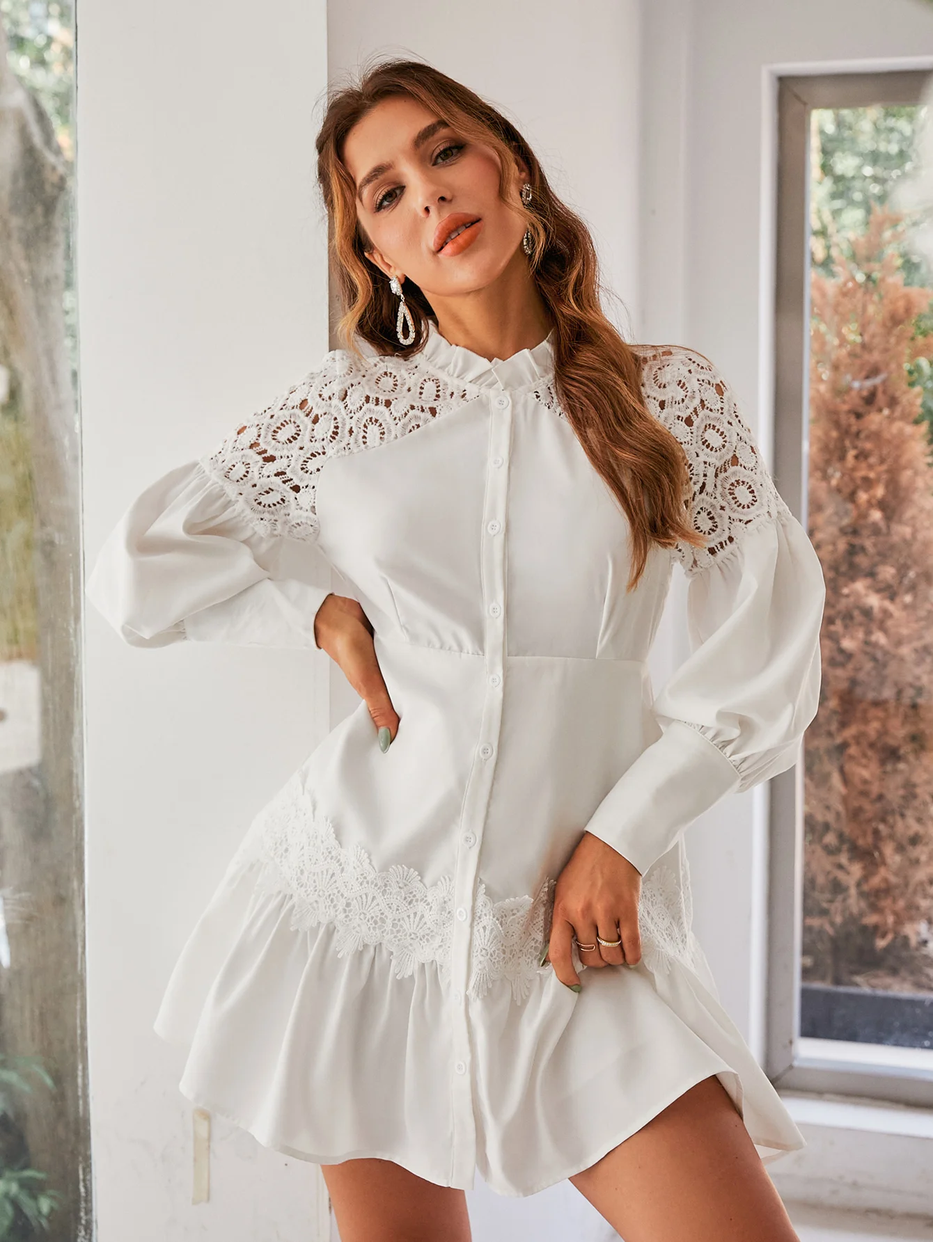 

Simplee Elegant hollow out lace white party dress women A-line buttons mini even dress Office long sleeves ruffle vestido 2022