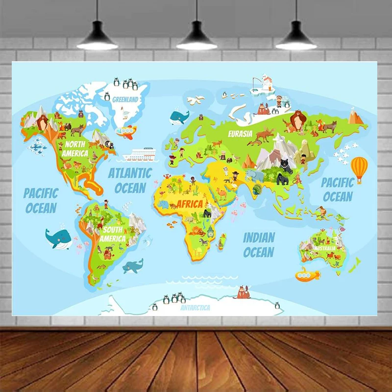 

Фон с мультяшными животными карта мира для украшения детского душа Приключения начинает путешествие по всему миру день рождения