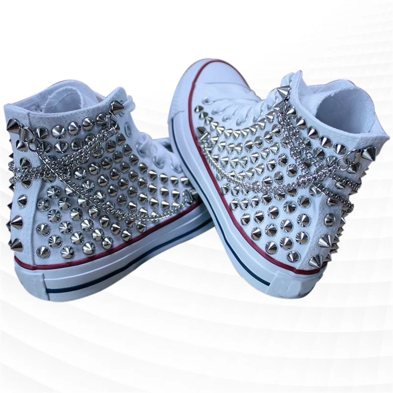 

High-top white chain rivet canvas shoes comfortable hip-hop sports walking shoes unisex handmade rivet vulcanized shoes 35-46