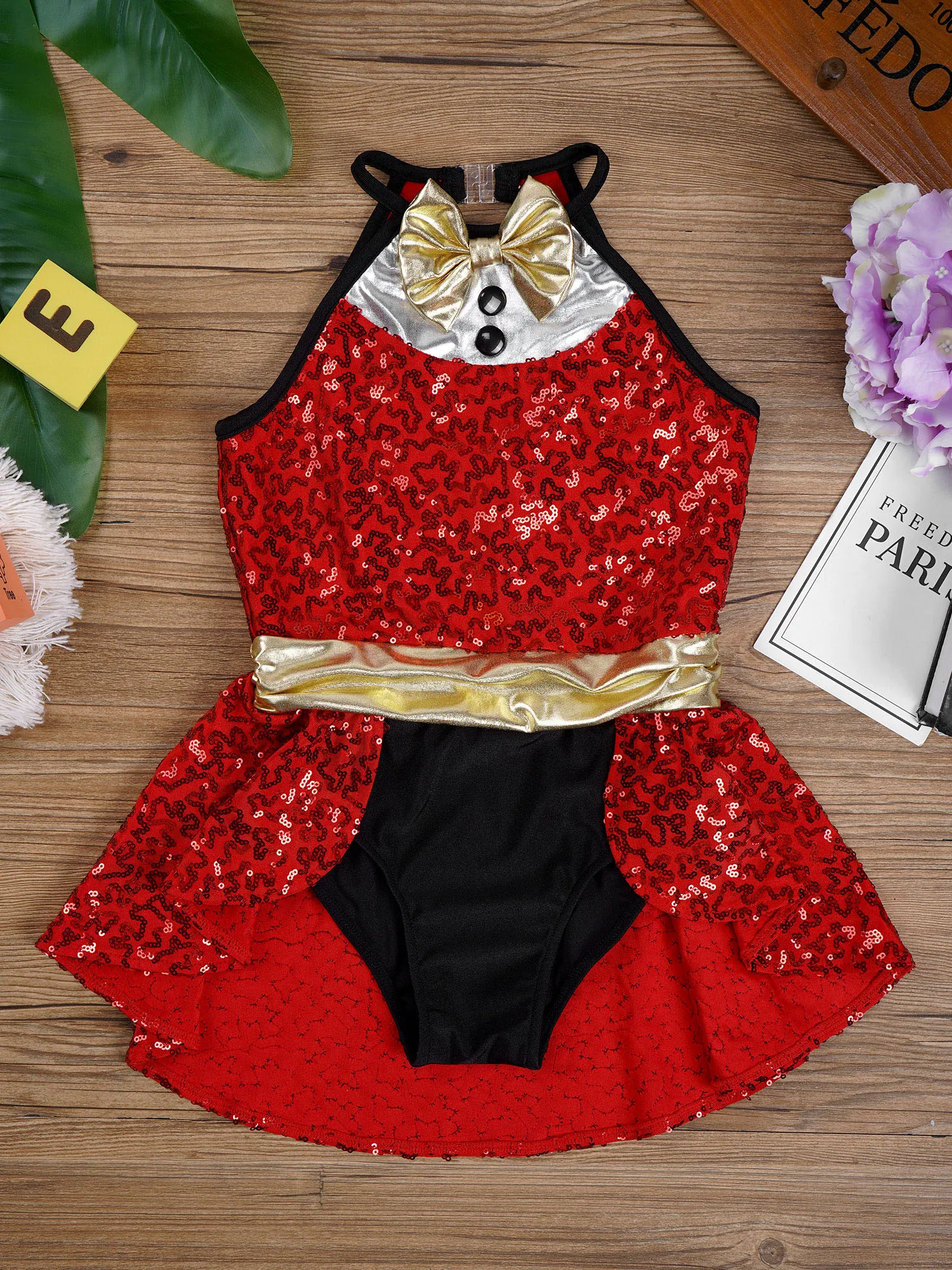 

Kids Circus Ringmaster Costume Girls Christmas Cosplay Dress Bowknot Back Cutout Sequin And Bronzing Cloth Patchwork Jumpsuit
