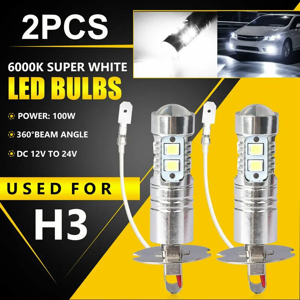

2 Pcs Car H3 Led Fog Light Bulb Conversion Kit Dc 12v-24v 100w 360 Degrees Super Bright Canbus 6000k White