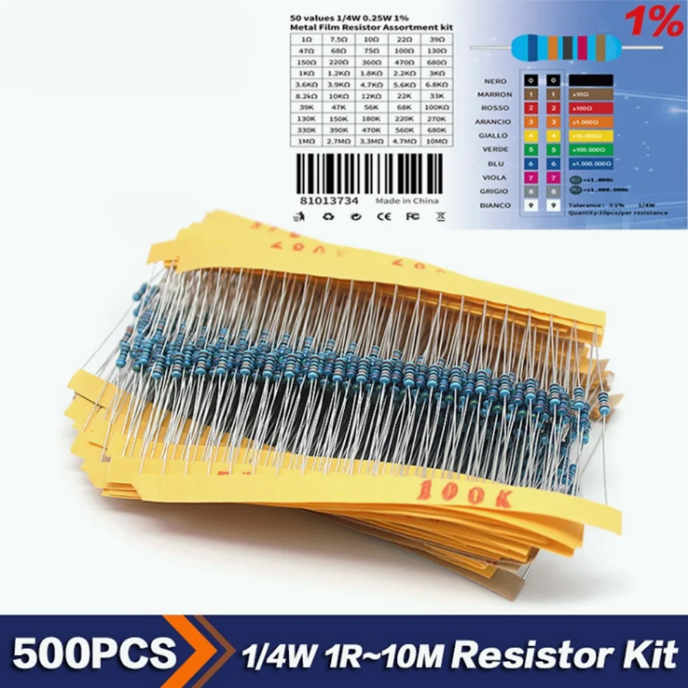 

500pcs/lot 50 values 1/4W Resistors set Metal Film Resistor Assortment Kit 1ohm ~ 10M ohm diy electronic 1% Set of resistor