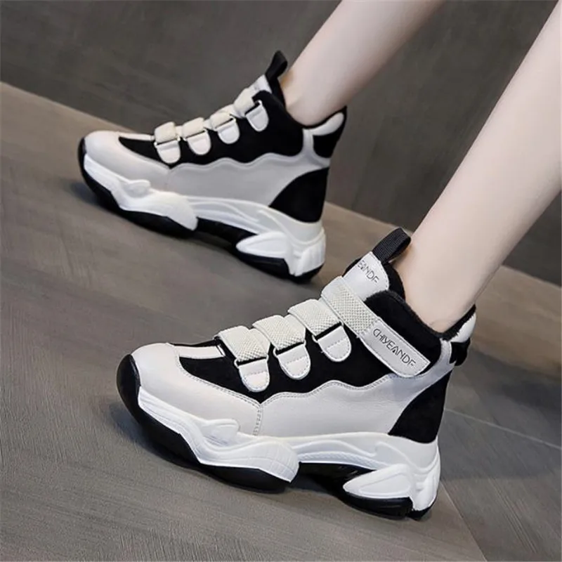 

Кроссовки женские кожаные, высокие, на платформе, Вулканизированная подошва, модная зимняя обувь, белые