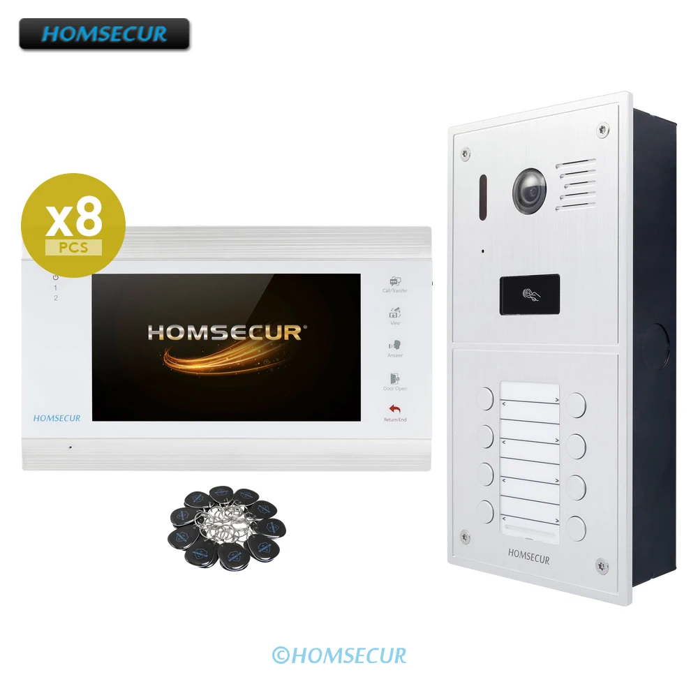 

HOMSECUR 4 Wire 7" Video Doorbell Intercom System Auto Recording with HD Doorbell Camera IP65 RFID Access for 8 Families/Flats