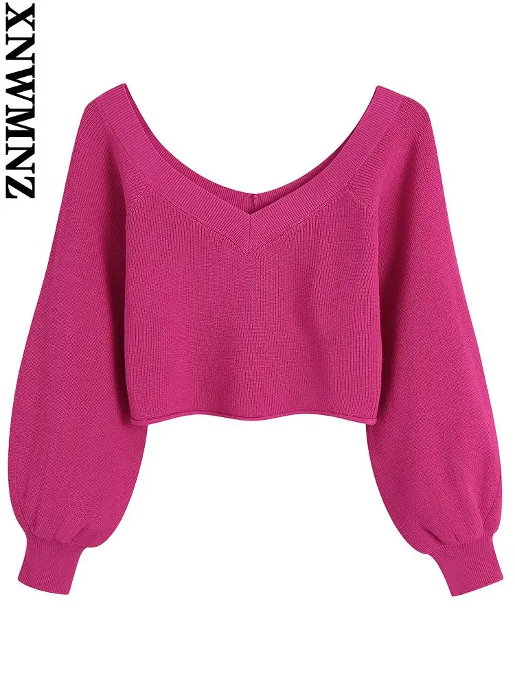 

XNWMNZ knit top Women 2022 fashion cropped knit sweater vintage v neck long puff sleeves female pullovers chic tops
