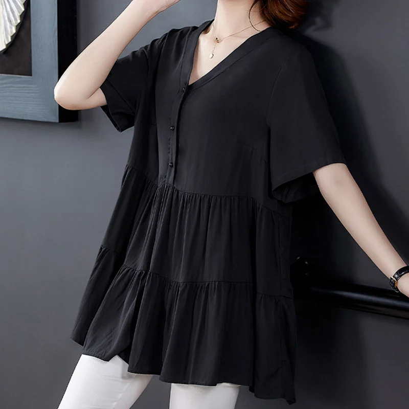 

Summer New Pleated Solid Oversized T-shirt Tops V Neck Sleeve Loose All-match Plus Size Pullovers
