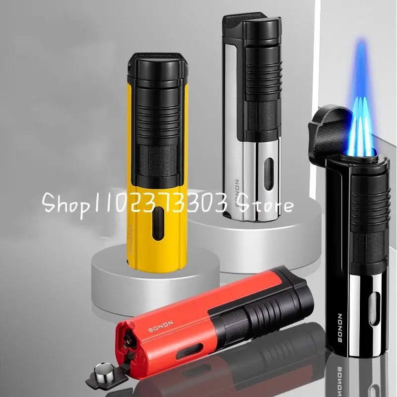

Jet Gas Lighter Torch Windproof Metal Visible Gas Window Turbo Butane 3 Flame Multifunction With Cigar Cutter Lighters Smoking