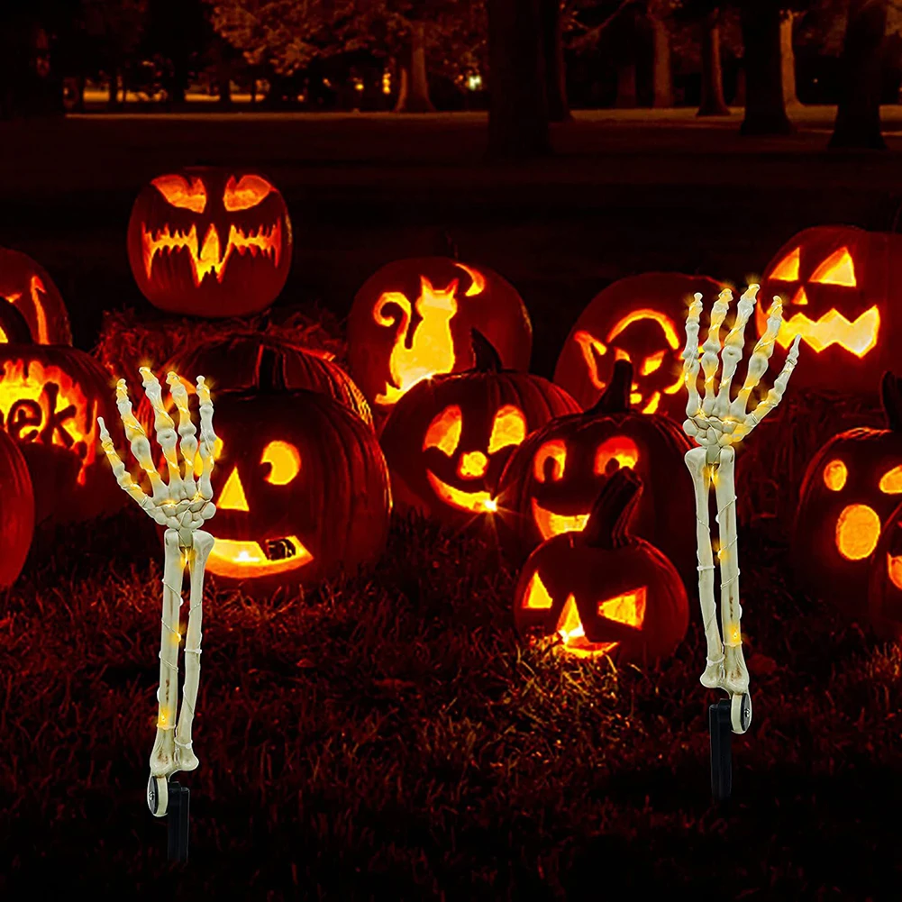 2pcs Halloween Glowing Skull Hands Solar/battery Power 40led Skull Skeleton Lamp Creating Terror Atmosphere Halloween Scary Lamp images - 6