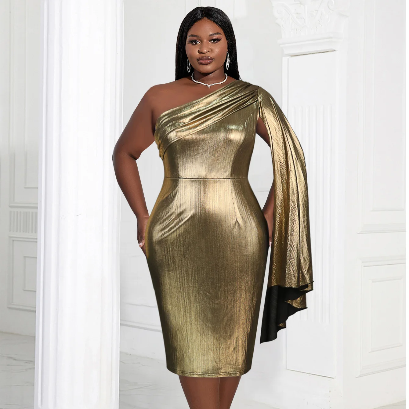 Plus Size Women Party Dress One Shoulder Gold Elegant Pretty Cloth Female Luxury Midi Gown 2023 Summer Evening New In Dress