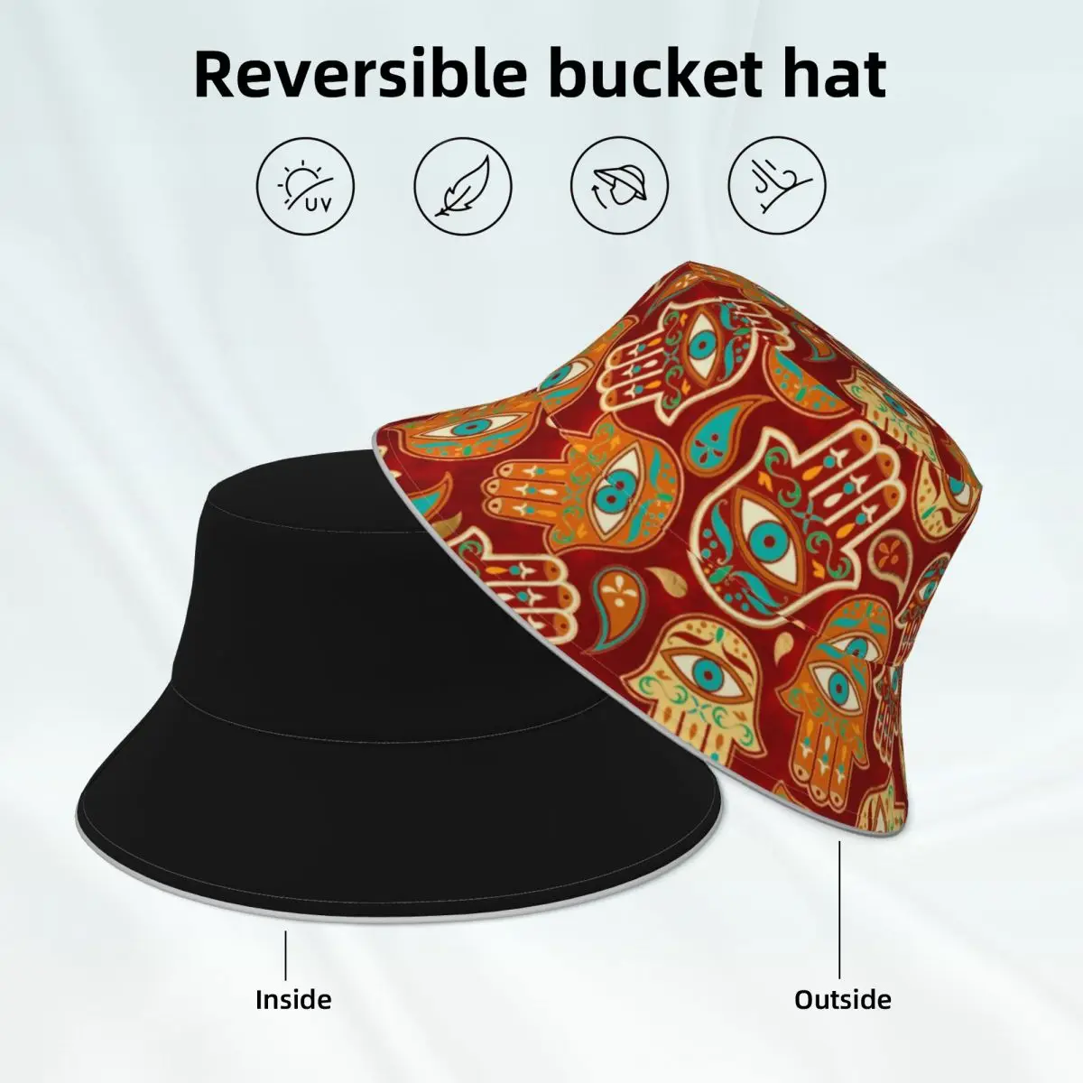 

Hamsa Hand Bucket Hat Retro Hand of Fatima Double-sided Wear Man Woman Reflective Fisherman Hats Fashionable Hawaii Sun Hat