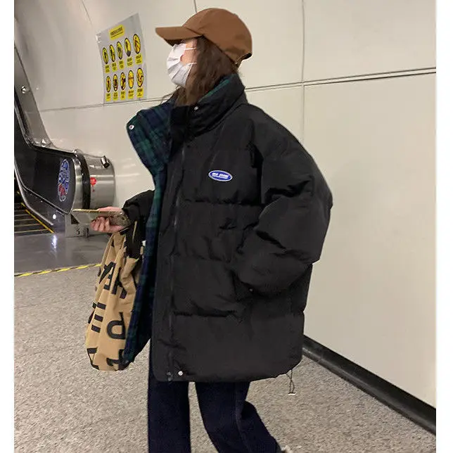 Stitching Plaid Stand Collar Cotton Jacket Female Winter Korean System Oversize Bread Clothes Thickened Cotton Jacket Tide