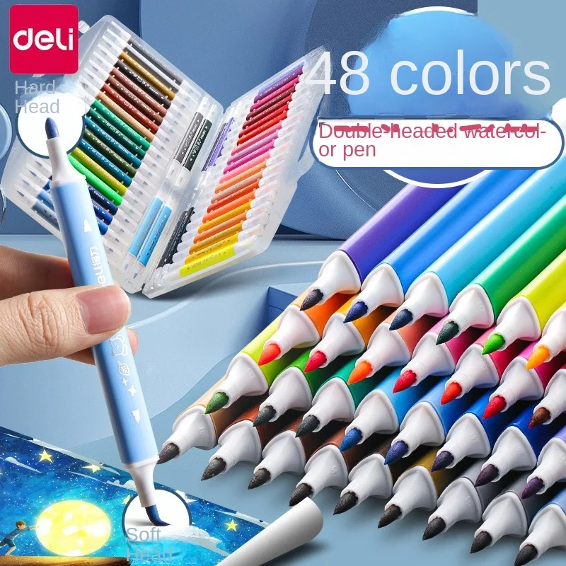Deli Soft Head Watercolor Pen Set Double Head Children's Color Pen 24 36 48 Color Triangle Pole Children's Painting Brush