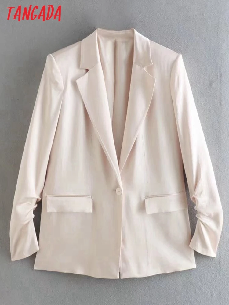 

Tangada Women Solid Satin Blazer Female Long Sleeve Elegant Jacket Ladies Work Wear Blazer Formal Suits 6P68