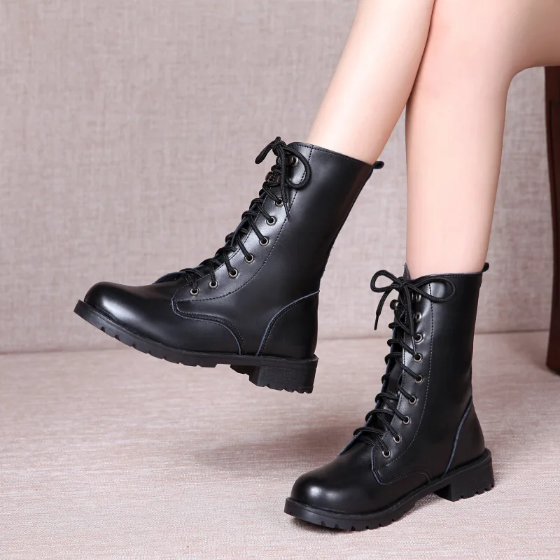 Plus Size 35-43 Women Leather Boots Side Zip Boots Modern Female Fleece Lining Motorcycle Shoes Winter Snow Footwear