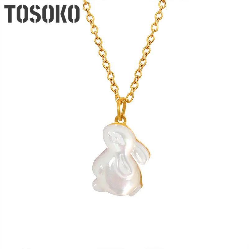 

TOSOKO Stainless Steel Jewelry White Shell Rabbit Shape Pendant Necklace For Women's Cute And Sweet Collar Chain BSP1435
