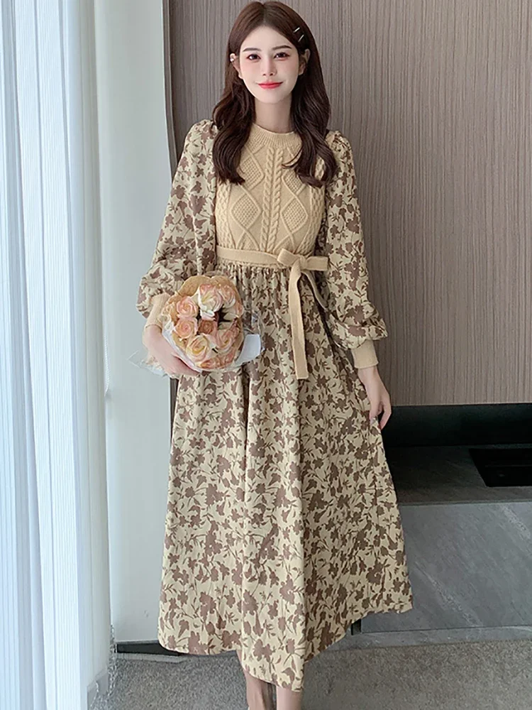 

Women Korean Elegant and Pretty Dress Autumn Winter Chic Floral Patchwork Knitted Dress 2023 New Fashion Chic Ruffled Long Dress