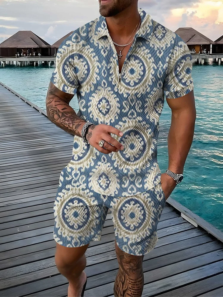 

Men's Tracksuit Casual Summer Short Sleeve Polo Shirt shorts Suit two-Piece Set Male Clothing Boho Geometric Print Clothes Men
