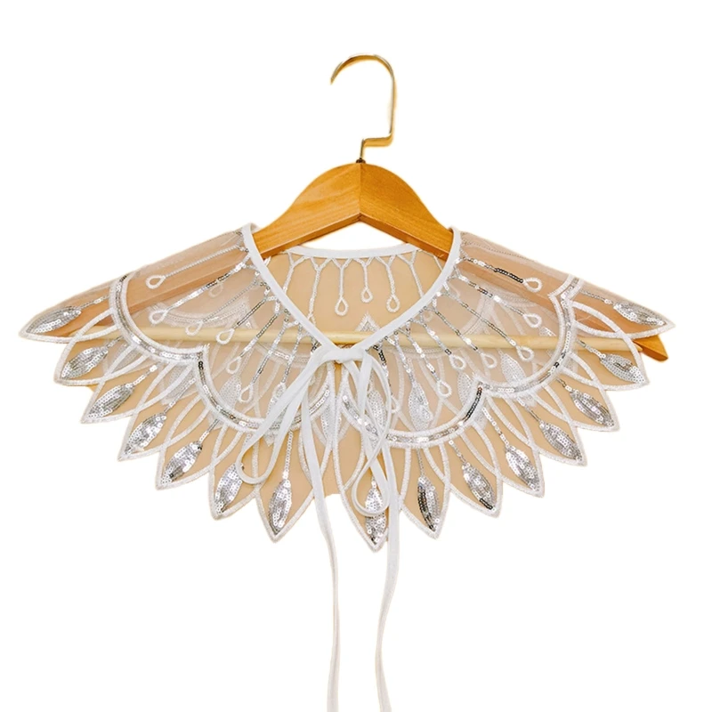 

Women Mesh Feather Detachable Collar Shawl Shiny Sequins Lace-Up Capelet