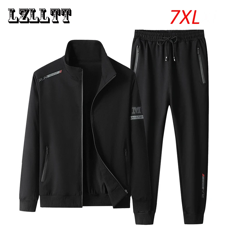Spring Autumn Men Casual Sports Joggers 2 Pieces Tracksuit Sets Mens Sportswear Prints Suits Sweatpants Jacket Male Big Size 7XL
