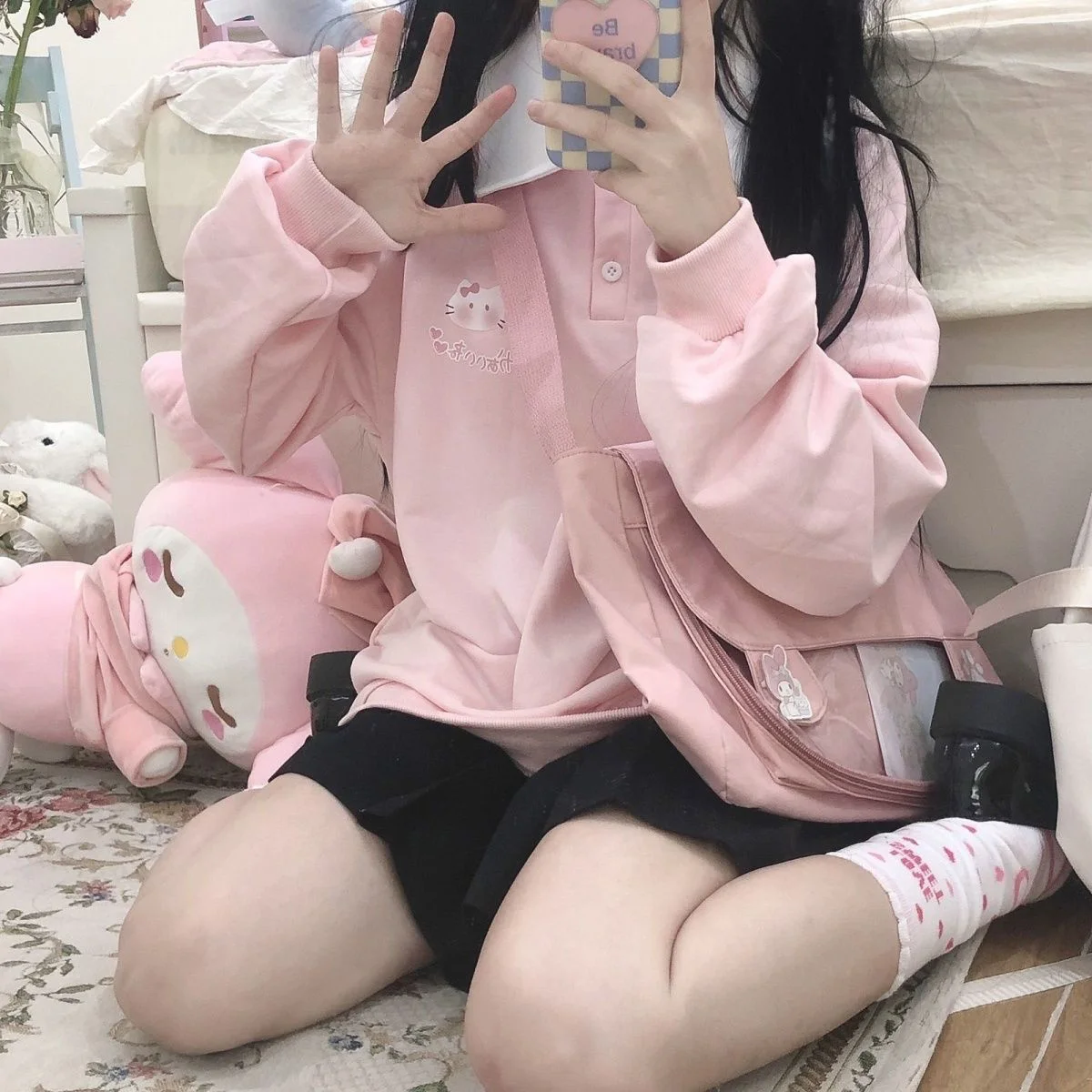 

Sanrio Hello Kitty Cinnamoroll Kuromi Polo Umlegekragen Hoodie Y2k Girl Casual Loose Trendy Vintage Hooded Autumn Sweatshirrt