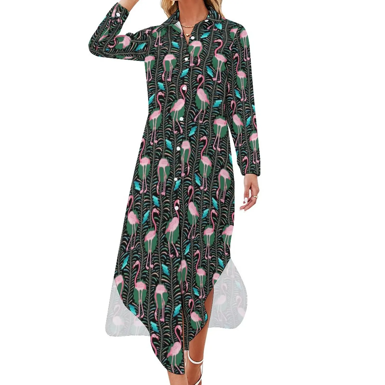 

Pink Flamingo Birds Chiffon Dress Geometric Art Modern Dresses Korean Fashion Casual Dress Female Sexy Print Vestido 3XL 4XL 5XL
