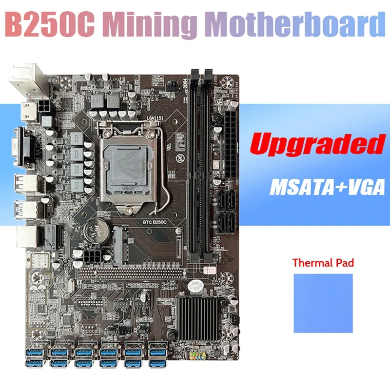 

Материнская плата B250C для майнинга BTC + термальная подставка 12xpcie к USB3.0, слот для графической карты LGA1151 DDR4 MSATA ETH, материнская плата для майнинга