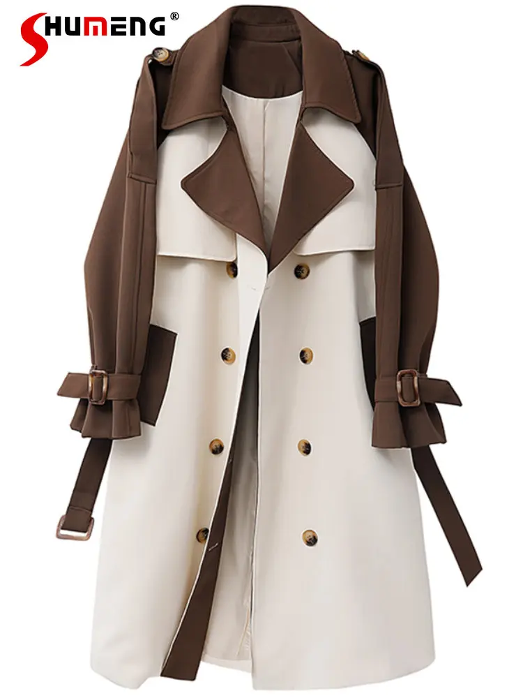 Fall 2022 New Elegant Woman Lace-up Waist Contrast Color Trench Coats All-Match Double Breasted Long Trench Jackets for Women