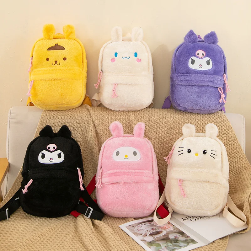 

Sanrio Plush Schoolbags Cute Cartoon Handbag Kawaii Anime Furry Bag Soft Stuffed Satchel Casual All-Match Plush Backpack Bagpack