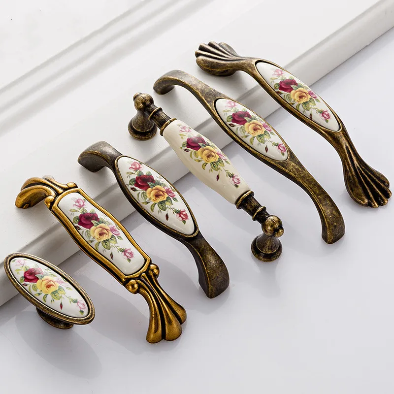 

Antique Furniture Handles Vintage Drawer Pulls Ceramic Door Chinese Flower Knobs and for Cupboard Cabinet