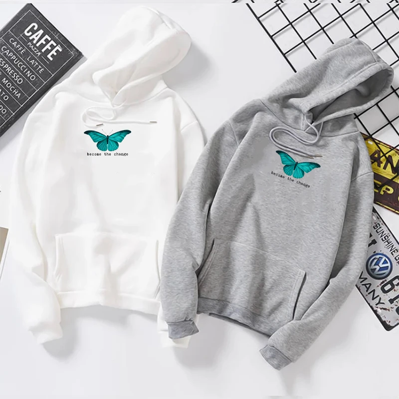 

Women Hoodie Butterfly Letter Print Sweatshirt Casual Kangaroo Pocket Hoodies Solid Color Printing Long-Sleeve Sweatshirt