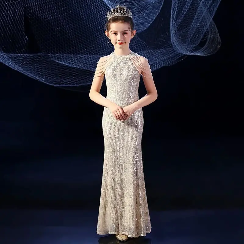 

Girls Fishtail Party Dress 2023 Flower Children Show Piano Evening Dress High-end Temperament Kids Tassel Fitting Dress