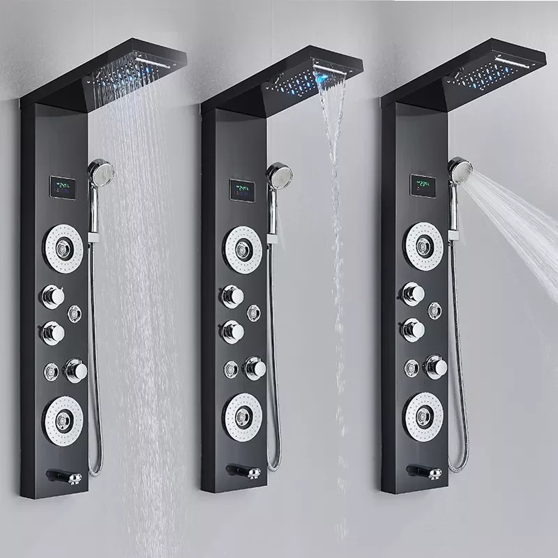 

LED Shower Panel Tower System Rain Waterfall Shower Column Hydroelectricity LCD Display With Massage Body Spa Bath Shower Faucet