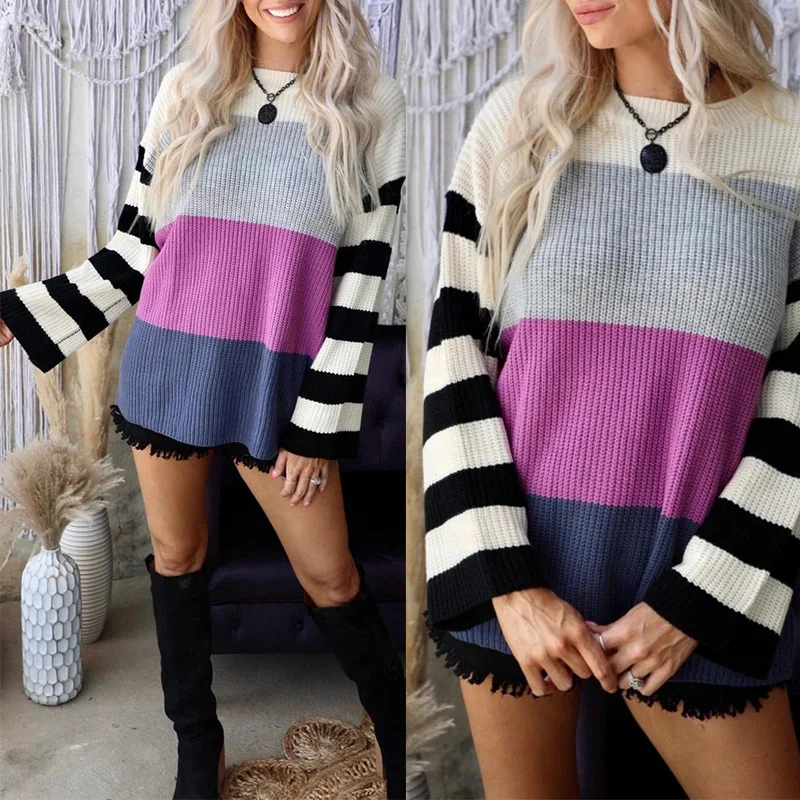 Купи 2023 New Stripe Round Neck Long Sleeve Contrast Casual Loose Sweater Women за 456 рублей в магазине AliExpress