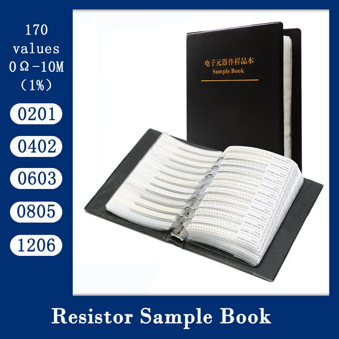 Kit de resistencias para libro de muestras, chips Smd, 0201, 0402, 0603, 0805, 1206, 170, valores, 50or25pcs, 0R ~ 10M, 1%