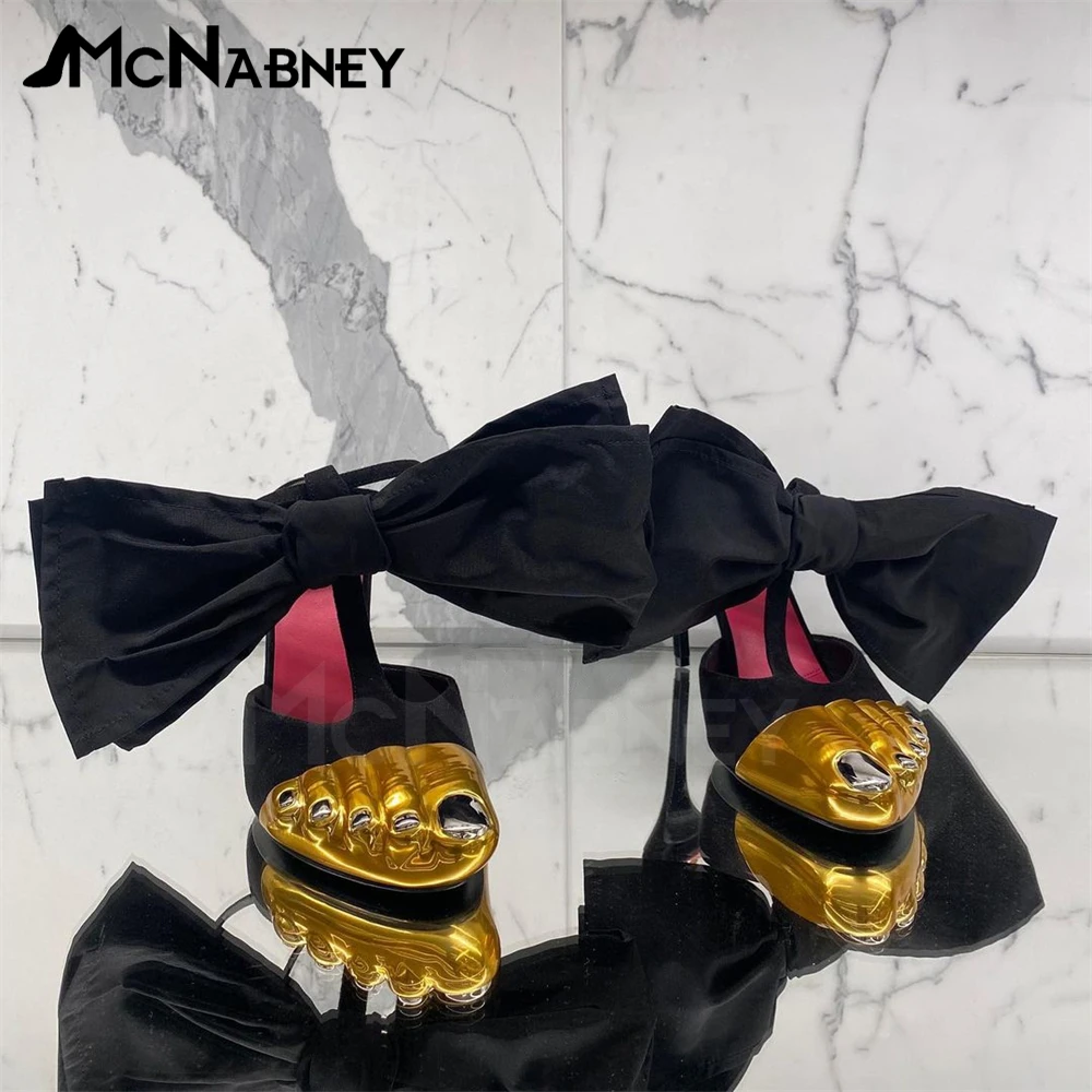 Золотистые Латунные атласные сандалии без задника с бантом-бабочкой на ремешках